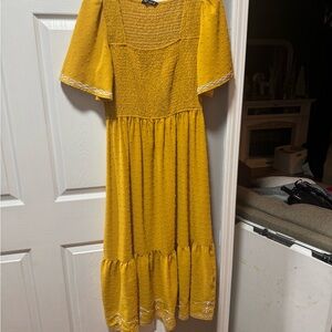 Simple Mustard Midi Dress with Smocked Bodice